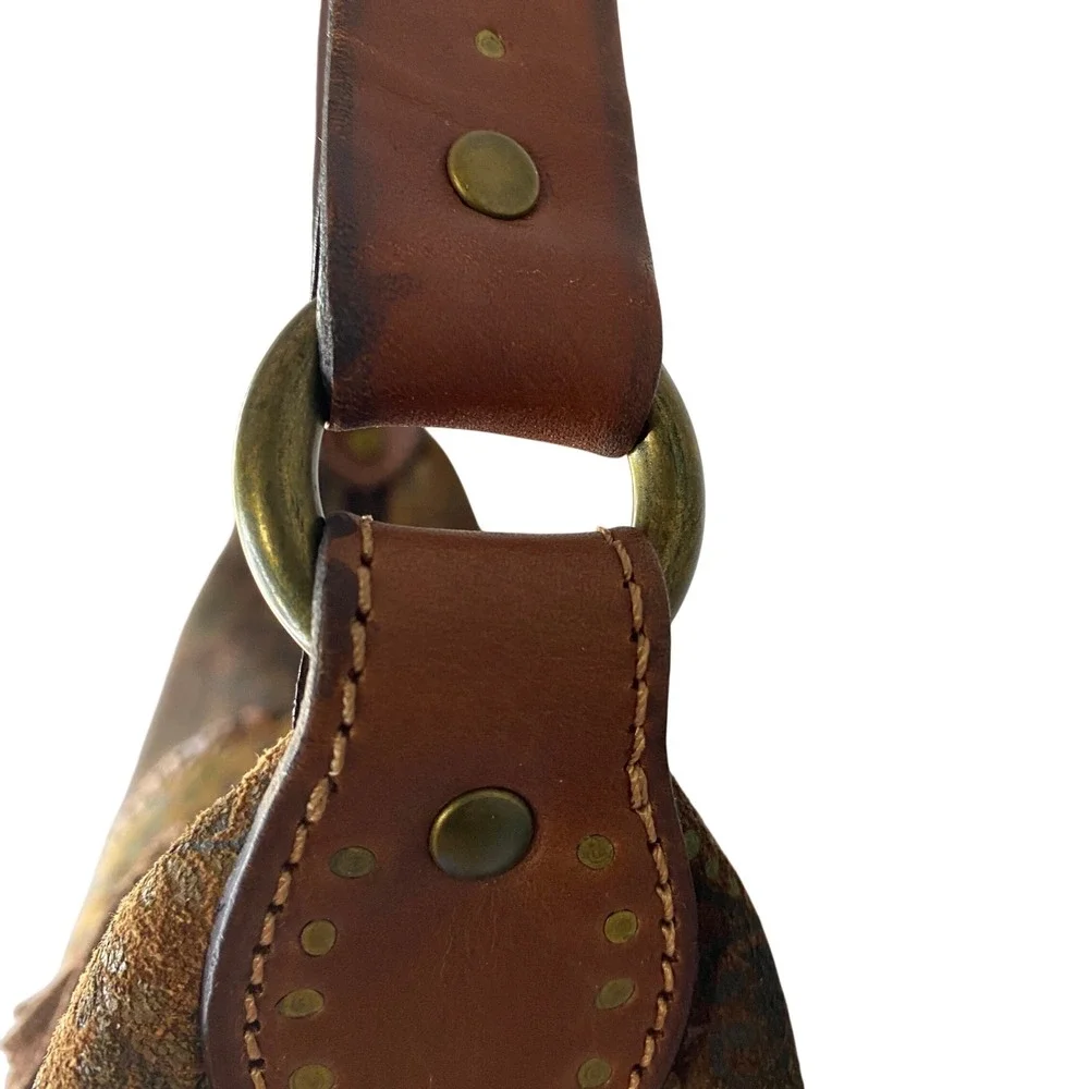 Floral Paisley Patchwork Suede Hobo Bag Tassel Whipstitch Brown Boho Bag